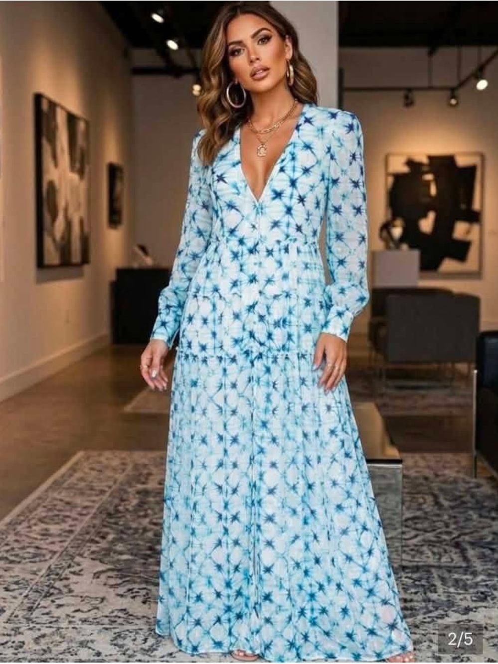 Rococo Sand Blue Tie-Dye Long Sleeve Maxi Dress